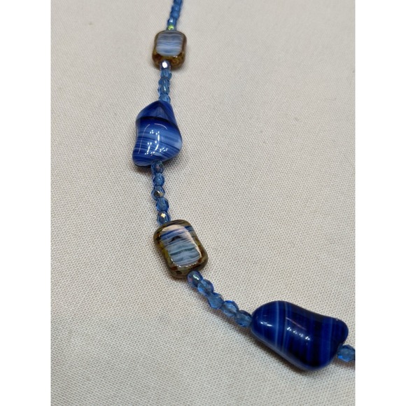 Jewelry - Art Glass Beaded Necklace Blue Swirl Beads Silver Tone Floral Toggle Clasp ~17"